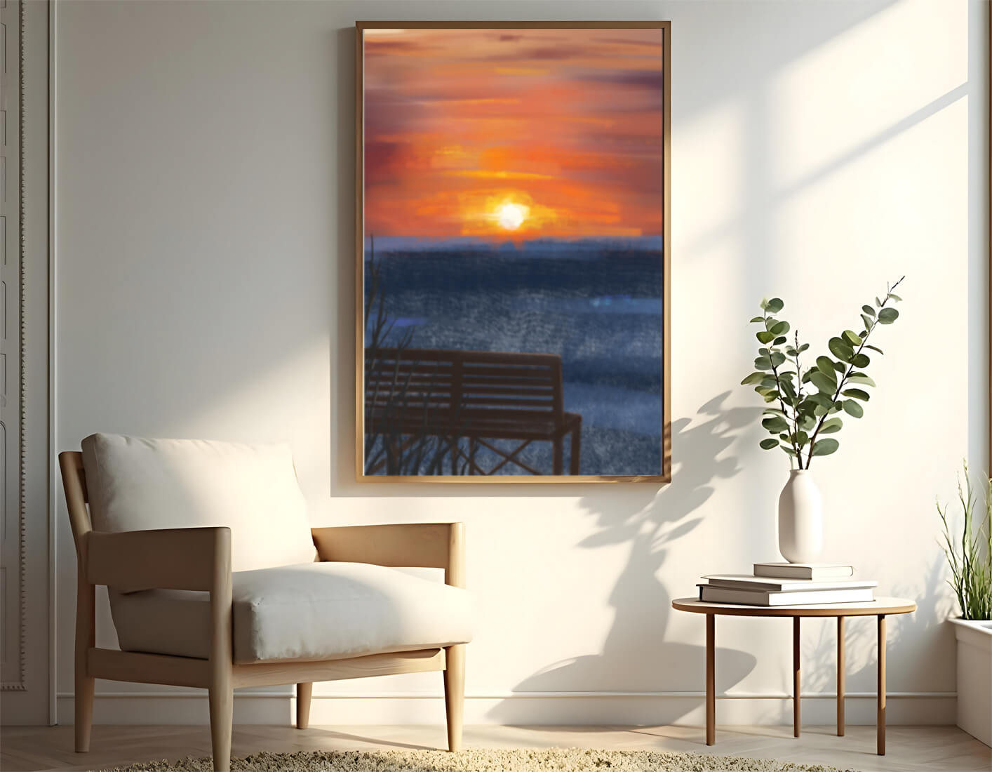 Tranquil Sunset over Ocean with a Lonely Bench