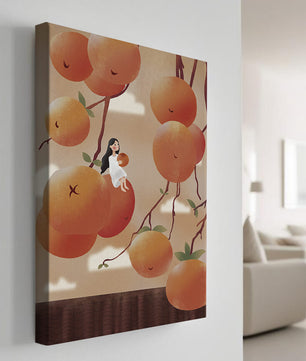 Whimsical illustration of girl with giant oranges and branches