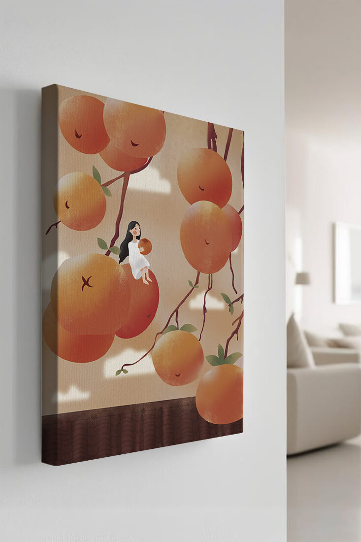 Whimsical illustration of girl with giant oranges and branches