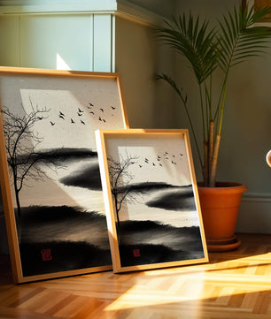 Minimalist Landscape with Silhouetted Tree and Birds