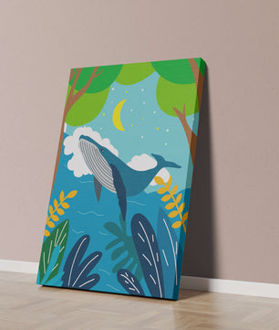 Illustration eines Wals in einer farbenfrohen Waldszene mit Mond und Pflanzen