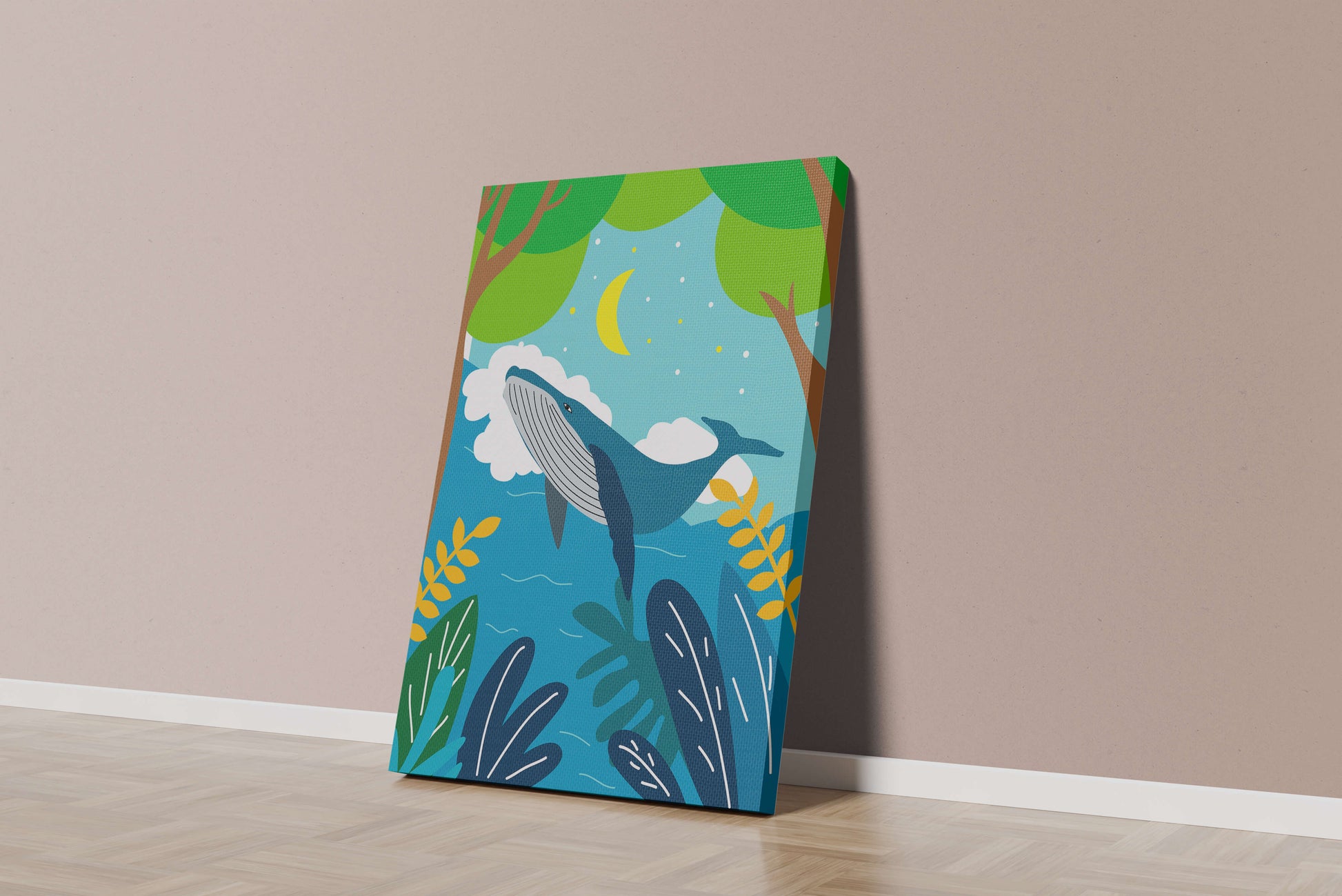 Illustration of a whale in a colorful forest scene with moon and plants
