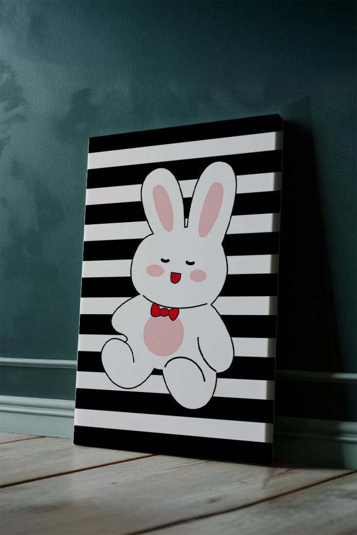 Adorable cartoon bunny with bold stripes and a red bow tie