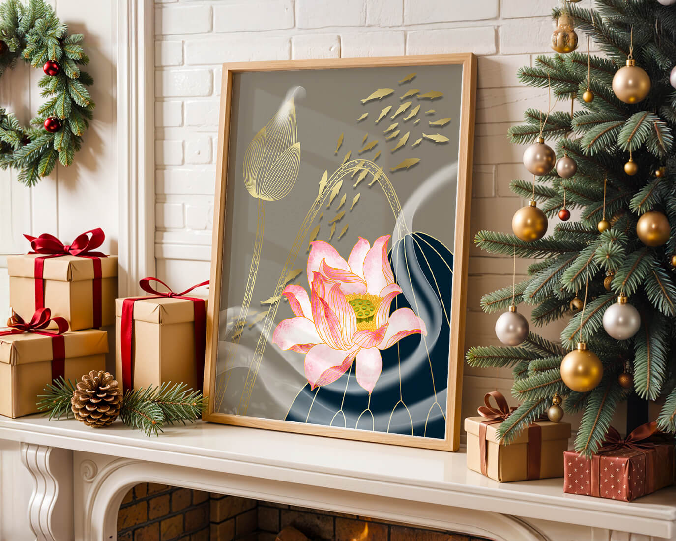 Elegant floral design with blooming lotus and golden fish accents