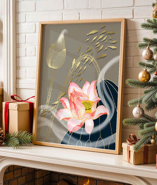 Elegant floral design with blooming lotus and golden fish accents