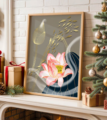 Elegant floral design with blooming lotus and golden fish accents