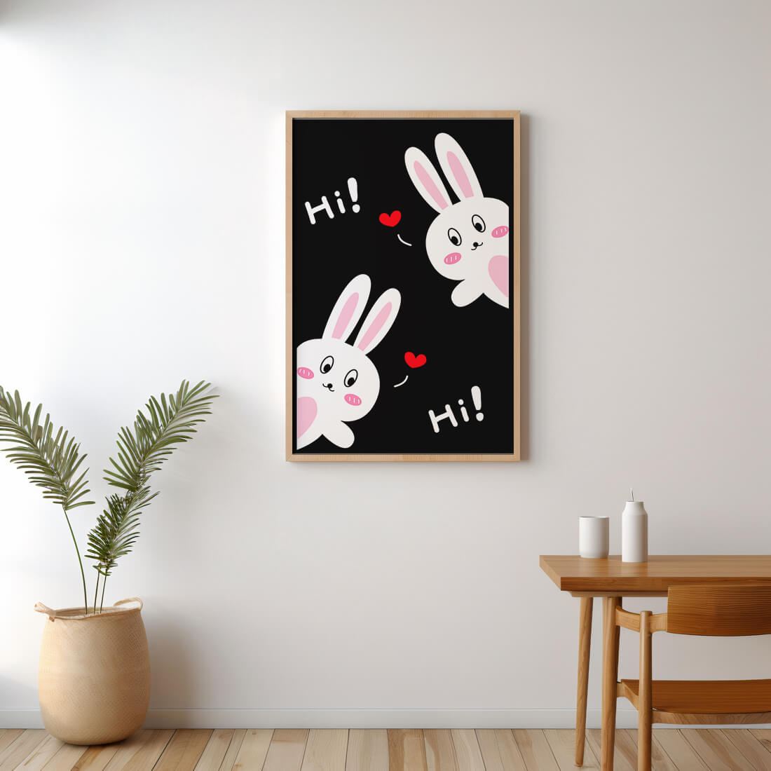 Charming bunny illustration with hearts on black background