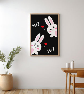 Charming bunny illustration with hearts on black background
