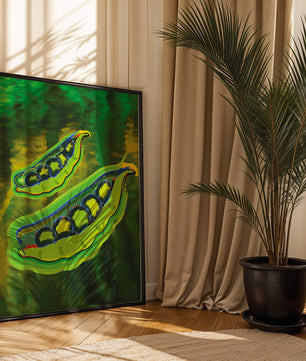 Ilustración abstracta de guisantes verdes coloridos con fondo vibrante