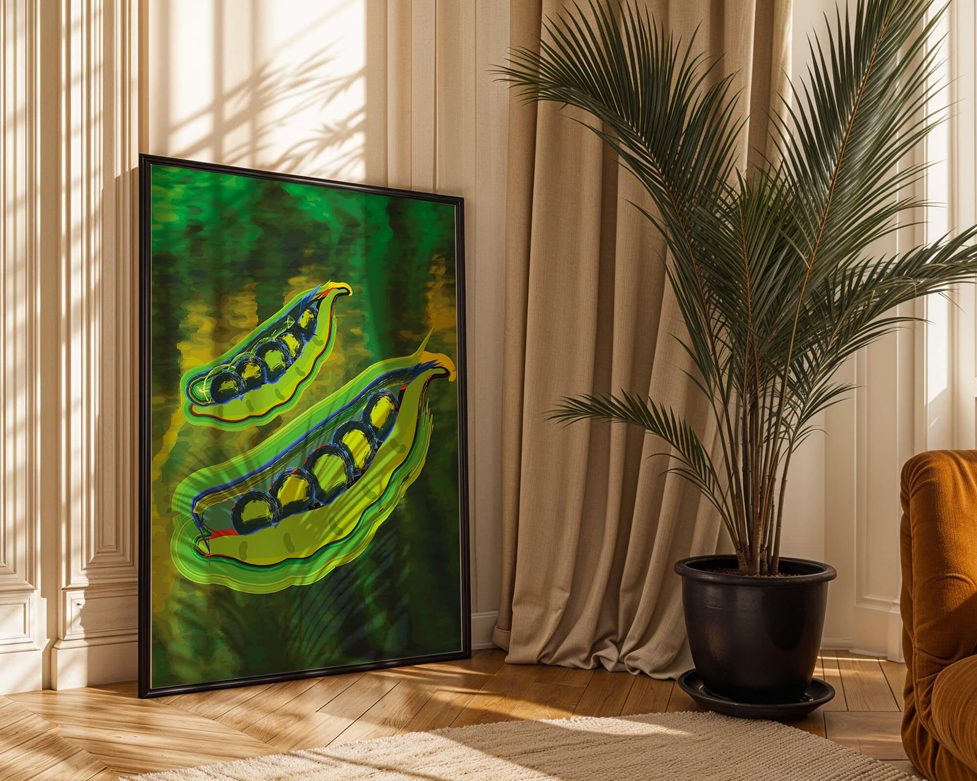 Ilustración abstracta de guisantes verdes coloridos con fondo vibrante