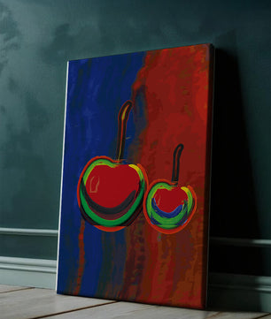 Pintura abstracta de cerezas con colores vibrantes