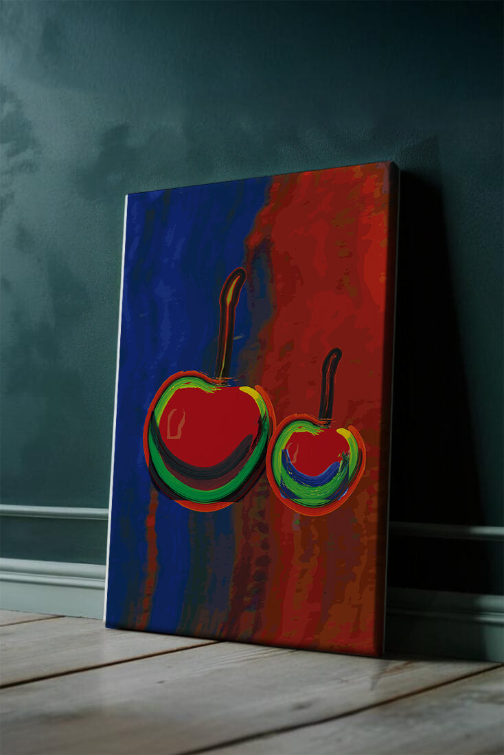 Pintura abstracta de cerezas con colores vibrantes.
