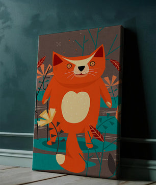 Illustration Of A Cute Orange Cat Surrounded By Stylized Trees And Plants