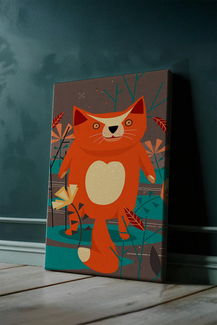 Illustration Of A Cute Orange Cat Surrounded By Stylized Trees And Plants