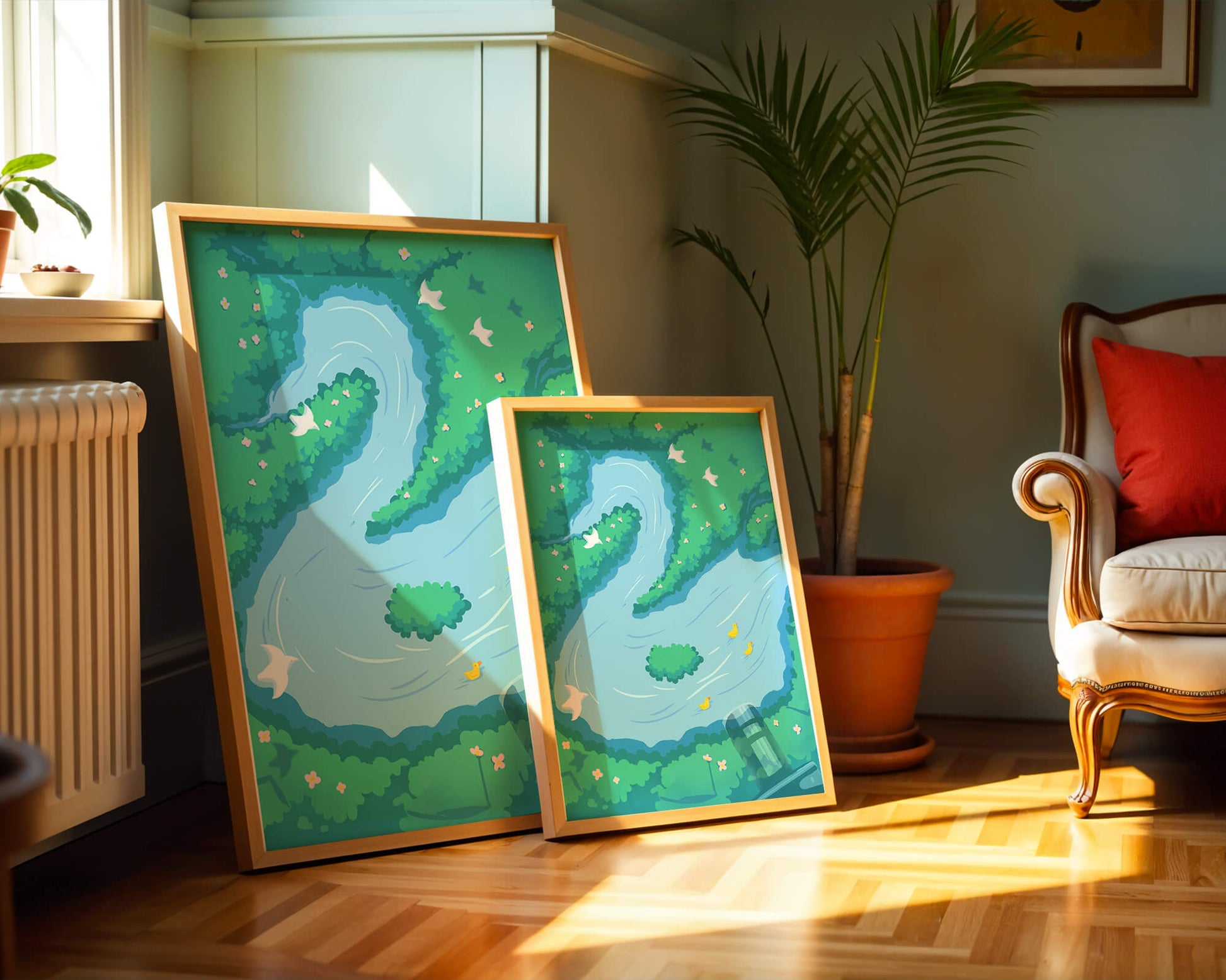 Río sereno con patos y aves en un paisaje exuberante