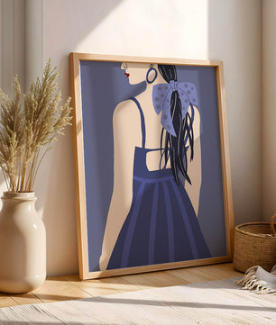 Stilvolle Illustration einer Frau mit gepunkteter Schleife und blauem Kleid