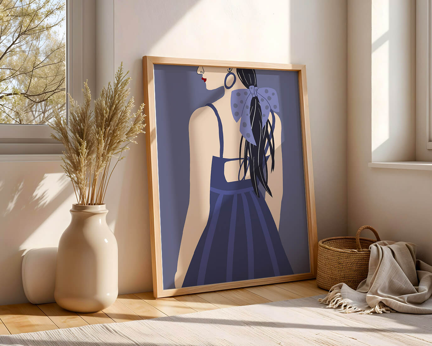 Stilvolle Illustration einer Frau mit gepunkteter Schleife und blauem Kleid