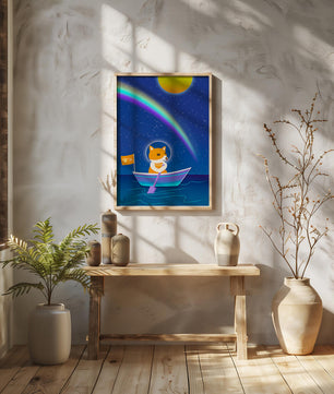 Dog in a Boat Under a Starry Sky with a Rainbow and Sun - Mi tienda