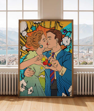 Ilustración de estilo pop art romántico de una pareja besándose con elementos cómicos