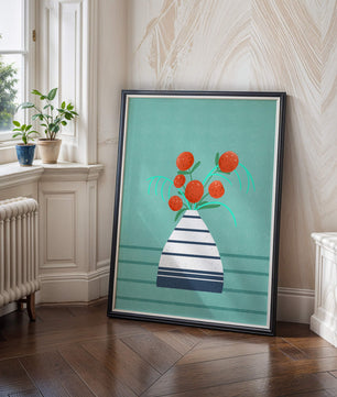 Vase with Red Flowers on a Textured Blue Background - Mi tienda