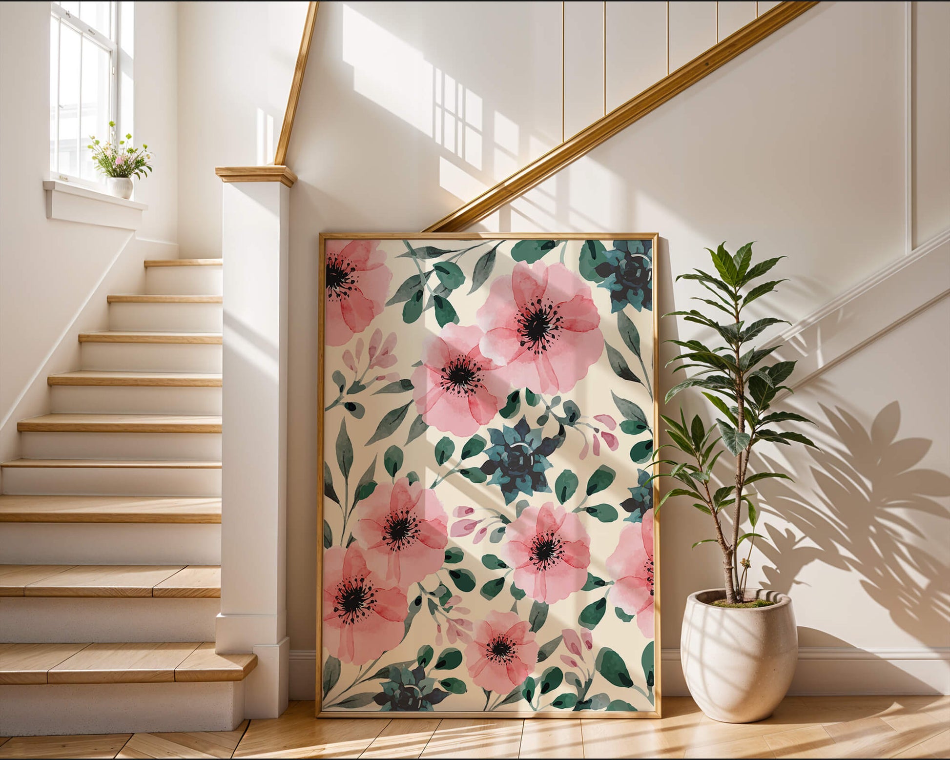Floral Watercolor Pattern with Pink Flowers and Green Leaves