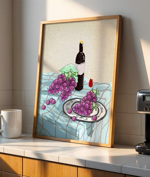 Still Life with Grapes and Wine Bottle on a Checkered Tablecloth - Mi tienda