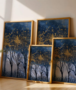 Mystical forest landscape with gold splatter art