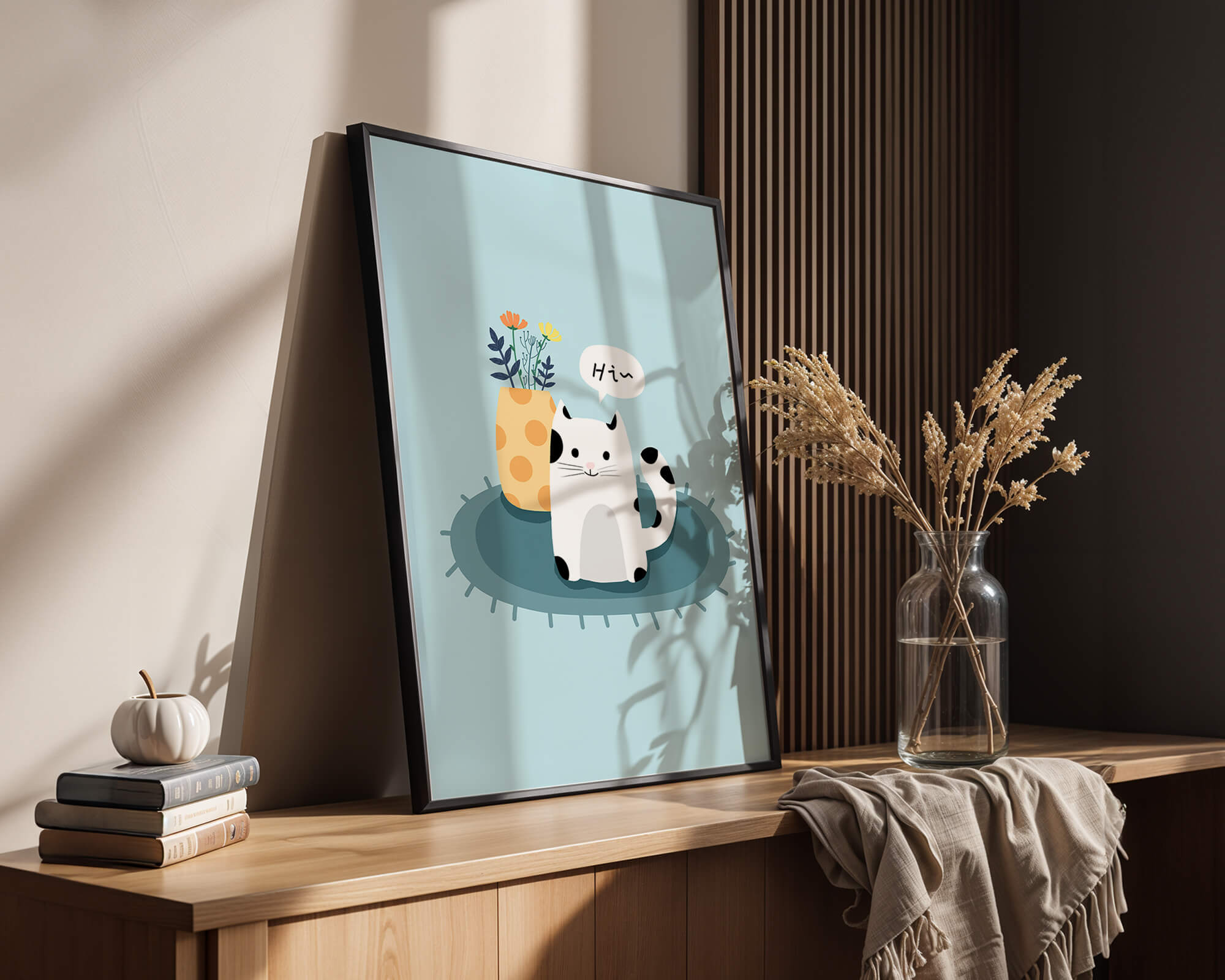 Cute illustration of a cat and flowers on a rug with a speech bubble
