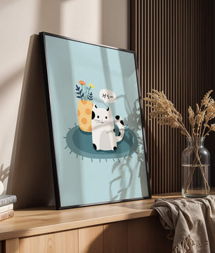 Cute illustration of a cat and flowers on a rug with a speech bubble