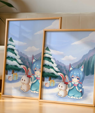 Winter scene with cute chibi character and bunny in snowy landscape