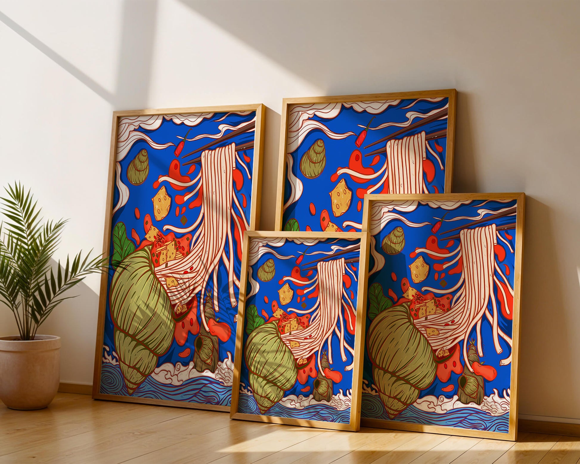 Ilustración intrincada de fideos con colores vibrantes y elementos detallados