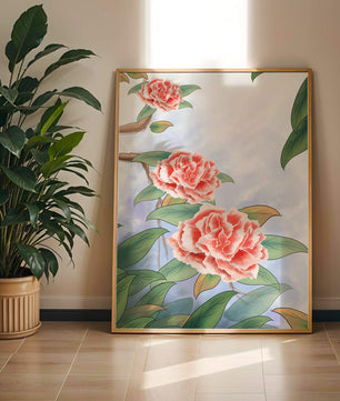 Illustrated pink carnations with green leaves in serene botanical art