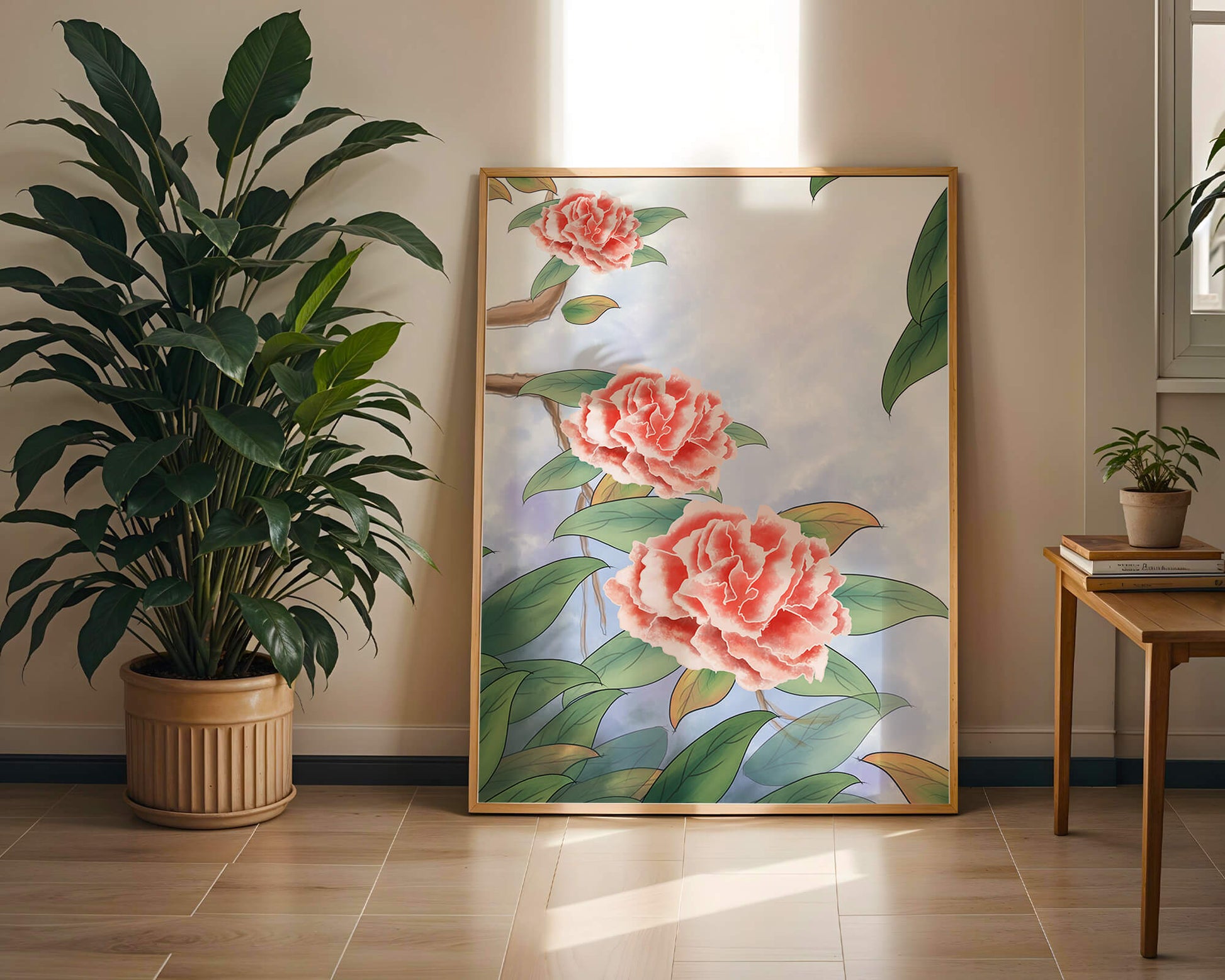 Illustrated pink carnations with green leaves in serene botanical art