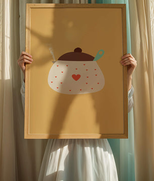 Ilustración de una olla decorada con corazones y vapor sobre fondo amarillo
