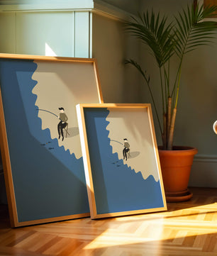 Minimalistic illustration of a person fishing by the sea