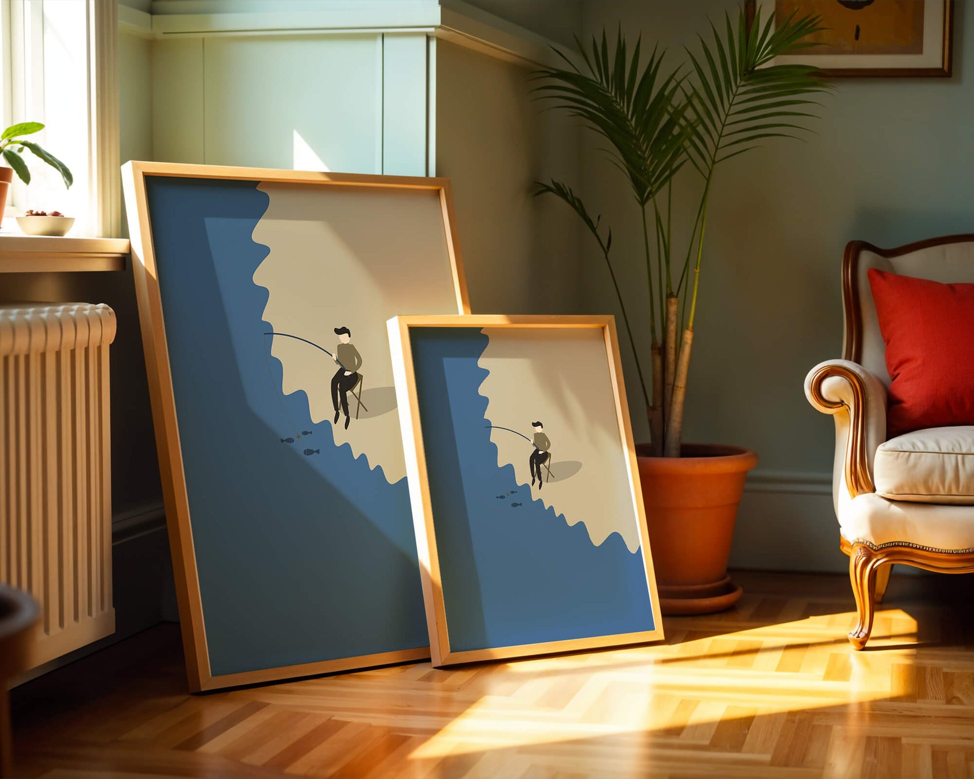 Ilustración minimalista de una persona pescando por el mar