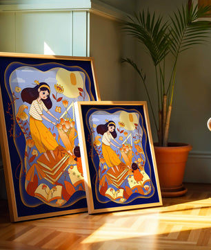 Whimsical illustration with woman and child among books and flowers