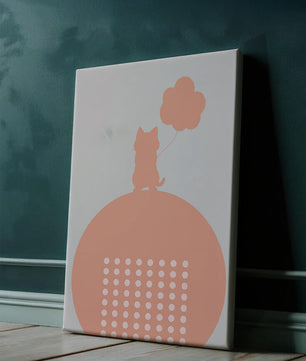 Katzensilhouette mit Ballon auf minimalistischem Kreishintergrund