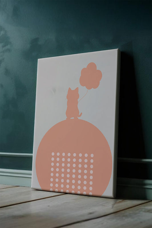 Cat Silhouette with Balloon on Minimalist Circle Background