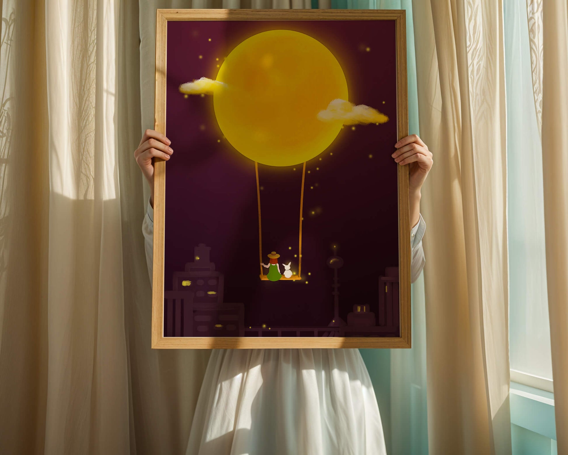 Whimsical night scene with a girl and a rabbit on a swing beneath a glowing moon