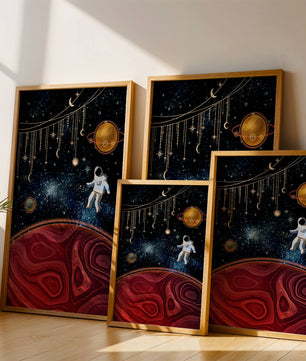 Escena espacial surrealista con astronauta y elementos celestiales