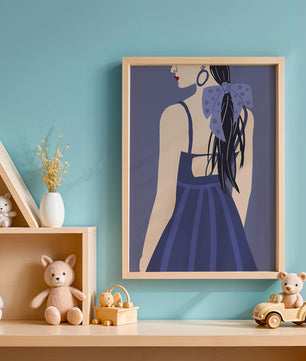 Stilvolle Illustration einer Frau mit gepunkteter Schleife und blauem Kleid