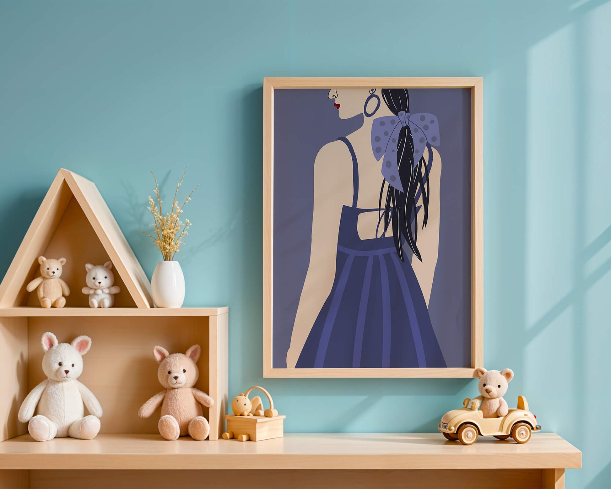 Stilvolle Illustration einer Frau mit gepunkteter Schleife und blauem Kleid