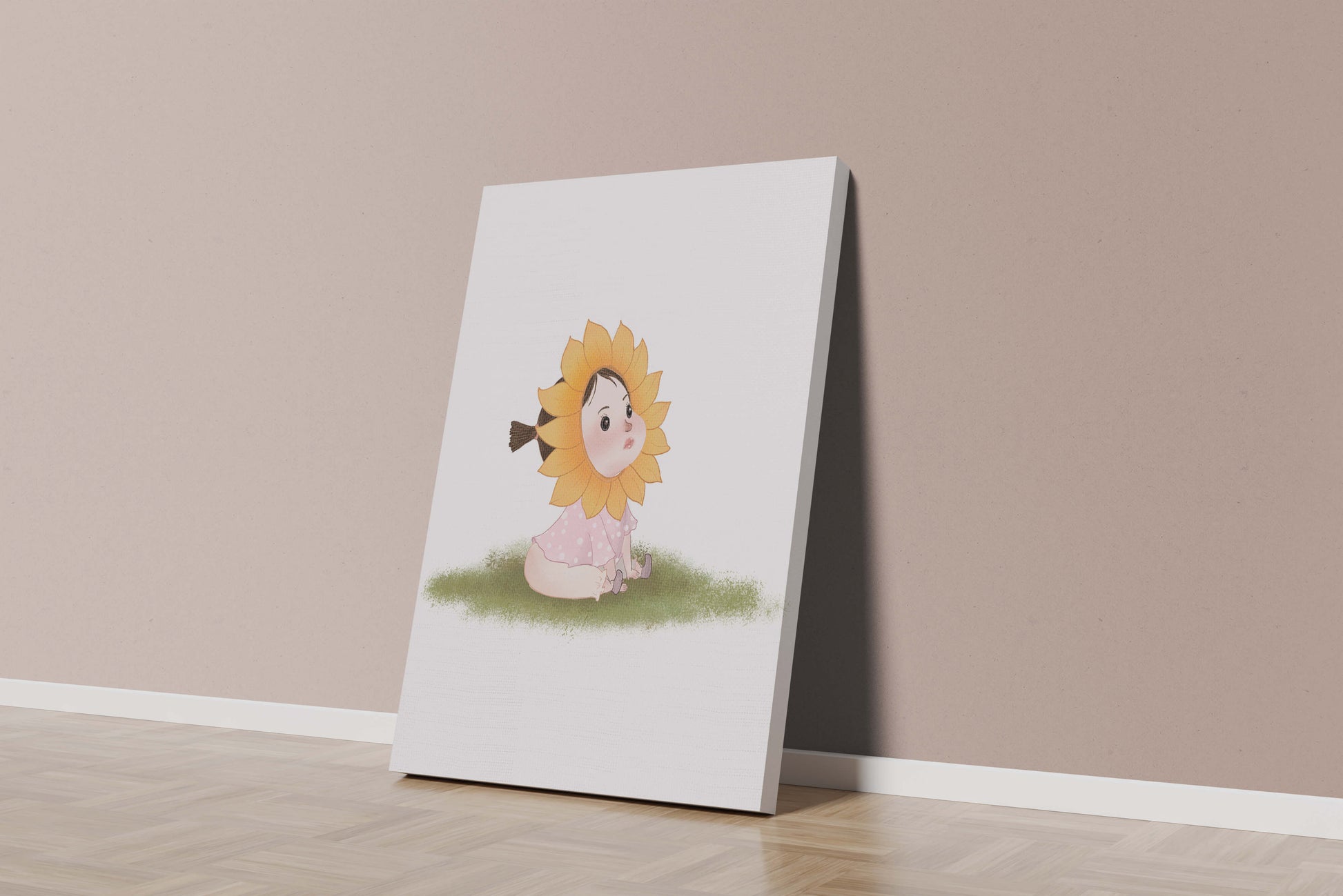Adorable child with sunflower costume sitting on a grassy patch