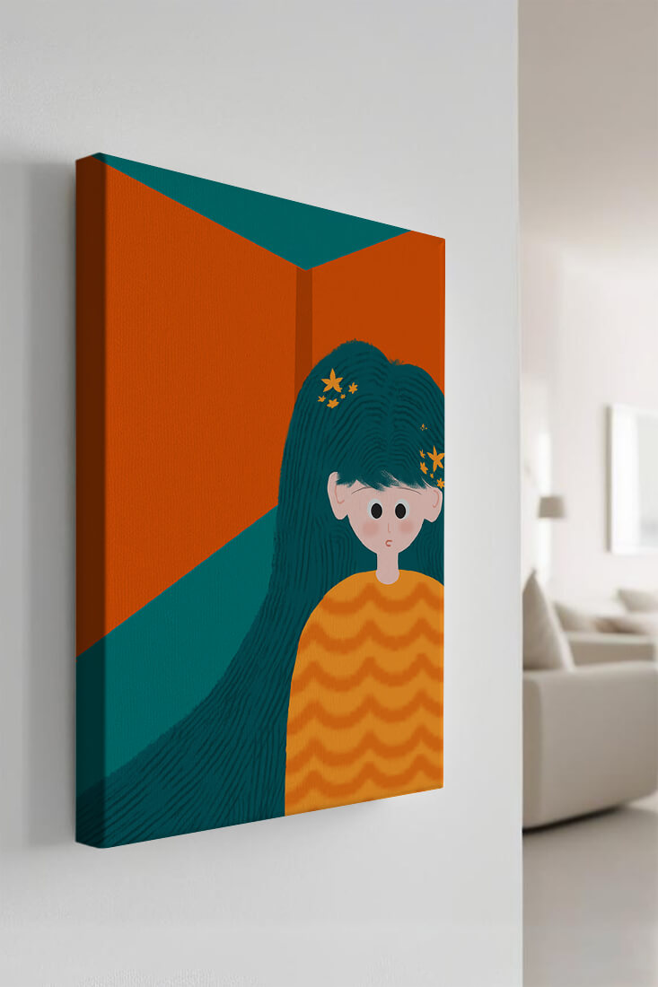Colorful abstract illustration of a character with teal hair and orange background