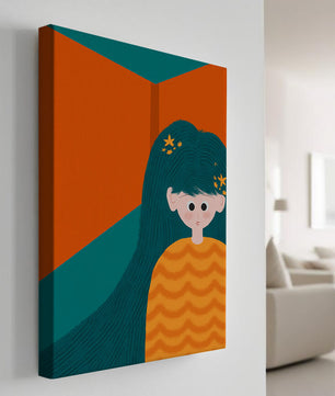 Colorful abstract illustration of a character with teal hair and orange background