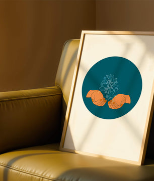 Illustration of Hands Holding a Plant with Teal Background
