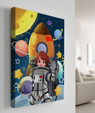 Young Astronaut with Rocket and Planets in Space Adventure