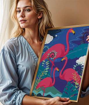 Colorful illustration of flamingos in a tropical setting