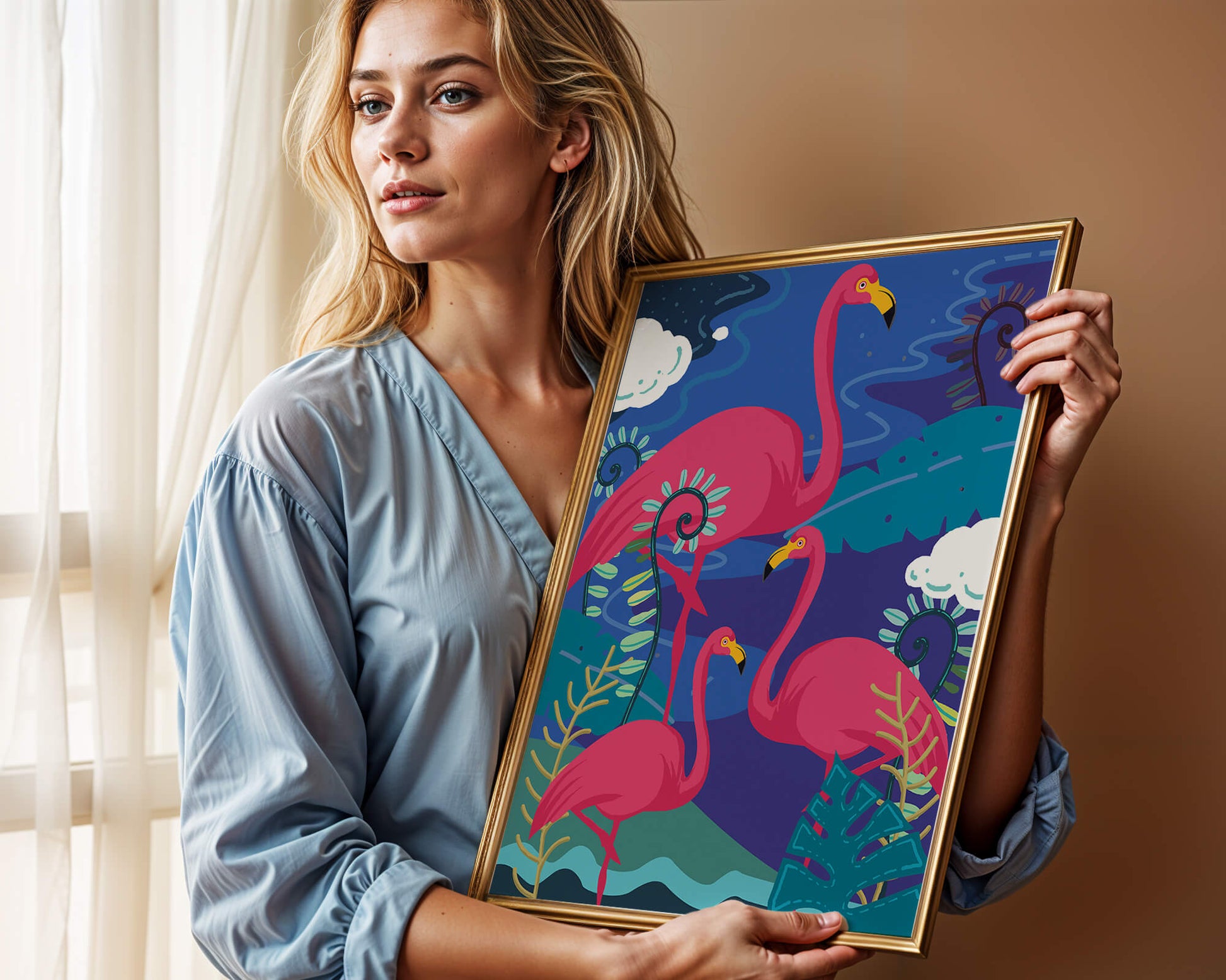 Colorful illustration of flamingos in a tropical setting